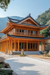 Obraz premium Wooden Asian temple, serene landscape setting.
