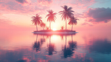 A serene tropical island in the middle of a lake at sunset with minimalistic modern style, blurred background, and empty space on the side for a blank caption, symbolizing calm and tranquility

