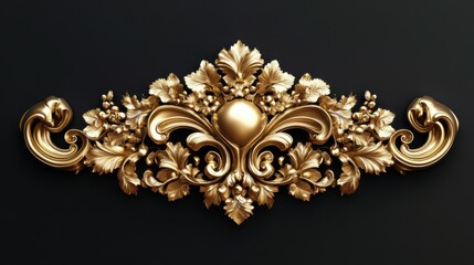 Ornate golden baroque ornament with intricate floral details on black background