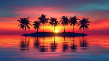 A serene tropical island in the middle of a lake at sunset with minimalistic modern style, blurred background, and empty space on the side for a blank caption, symbolizing calm and tranquility

