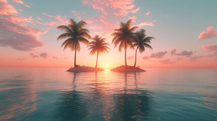 A serene tropical island in the middle of a lake at sunset with minimalistic modern style, blurred background, and empty space on the side for a blank caption, symbolizing calm and tranquility

