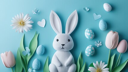 Easter bunny with paper eggs and tulips on blue background for holiday decor