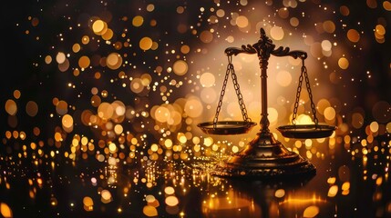 Golden justice on wooden table with bokeh light background