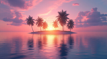 A serene tropical island in the middle of a lake at sunset with minimalistic modern style, blurred background, and empty space on the side for a blank caption, symbolizing calm and tranquility

