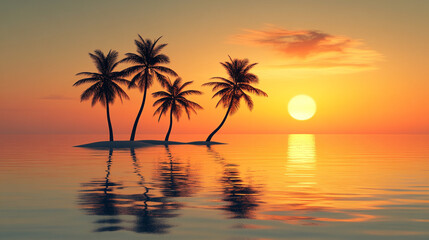 A serene tropical island in the middle of a lake at sunset with minimalistic modern style, blurred background, and empty space on the side for a blank caption, symbolizing calm and tranquility

