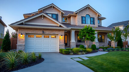 Fototapeta premium Luxury Home Exterior at Dusk: Modern Brick and Stone Architecture, Landscaped Garden, and Spacious Garage