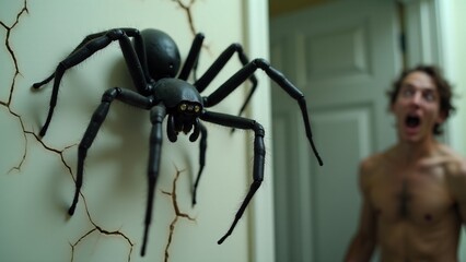 A close-up of a giant spider on a wall, inducing panic.
