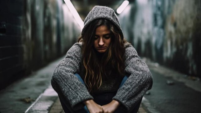 Depressed and sad teenage girl sitting on the floor