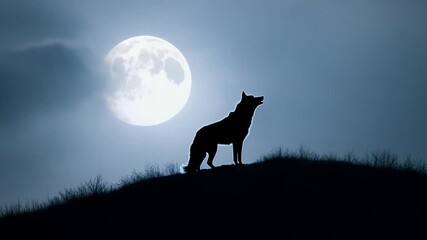 A dramatic silhouette of a wolf howling on a hilltop under a glowing full moon, set against a misty blue night sky, evoking mystery and wilderness.  4k video footage
