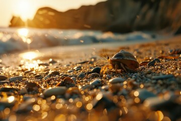 A hermit crab scuttles across a sunlit beach, with gentle waves and rocky cliffs in the background