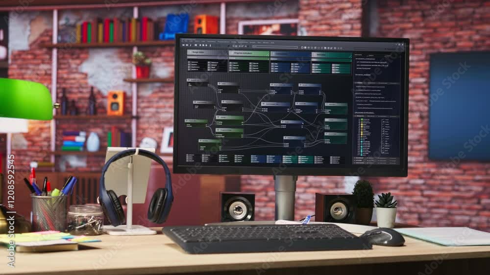 Fototapete Software development being done on PC, implementing algorithms. Machine learning app on computer screen in home office used for building applications and optimizing performance