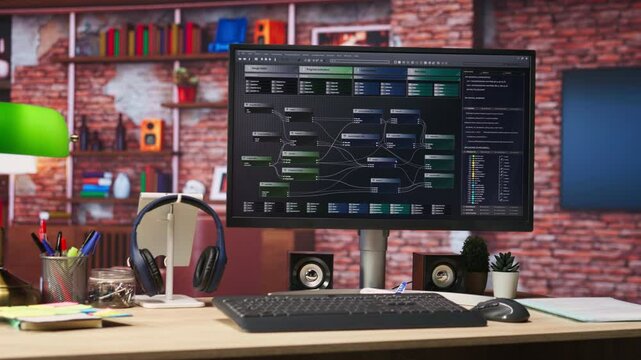 Software development being done on PC, implementing algorithms. Machine learning app on computer screen in home office used for building applications and optimizing performance