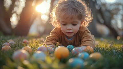 Fototapeta premium Little boy searching for easter eggs in sunlit grass