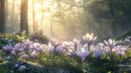 Obraz premium Springtime blossoms in sunlit forest setting for nature decor