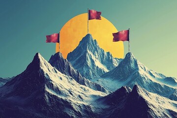 Minimalistic business milestone abstract flags mountaintops pastel tones with clean characters