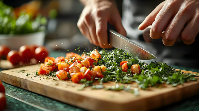 Close-up of hands skillfully chopping fresh tomatoes and herbs on a wooden cutting board