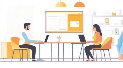 Smiling Man and Woman Working on Laptops in Modern Office - Collaboration