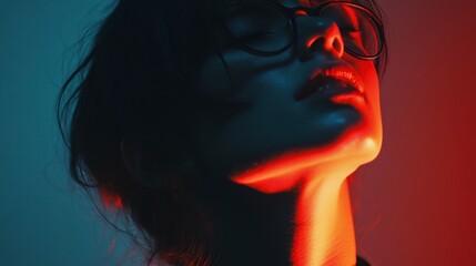 Naklejka premium Woman in Glasses, Red and Blue Light, Close-Up Portrait