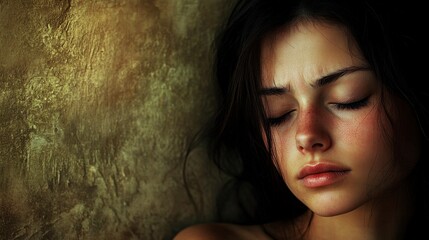Sad Young Woman Leaning Against Wall, Dark Moody Portrait