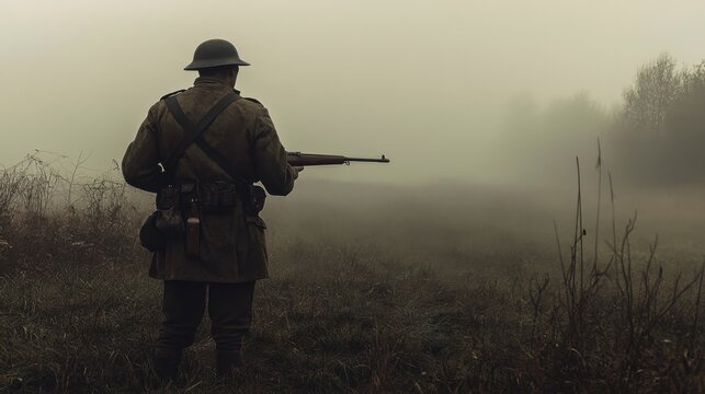 WWI Soldier in Foggy Field, Holding Rifle