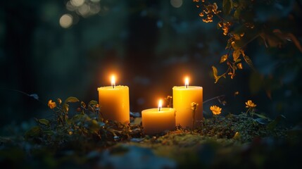 Three Burning Candles in Dark Forest at Night