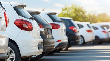 Cars parked in a summer parking lot with trees and sunlight in the background