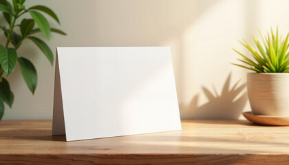 Blank card standing on wooden shelf with plant shadow, minimalist design