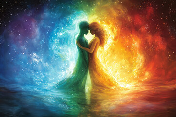 Glowing twin souls in a cosmic embrace, their auras merging into radiant, intertwined flames.