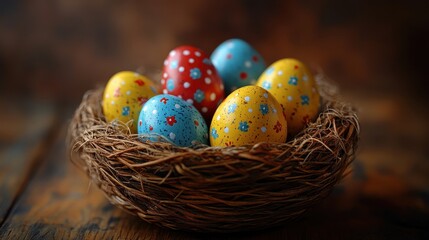 Fototapeta premium Vibrant easter eggs in rustic basket for festive spring decor