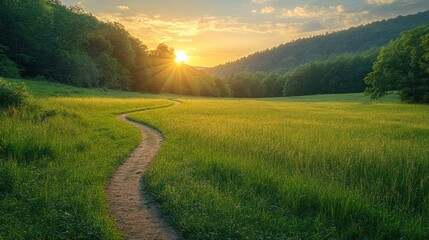 Obraz premium Sunset path through grassy field, forested hills.