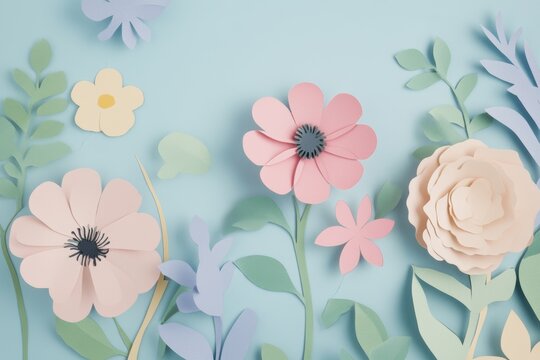Colorful paper flowers in various shapes arranged on a soft blue background creating a cheerful spring ambiance