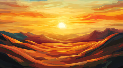 Mesmerizing desert sunset landscape with fading sunlight illuminating the windblown sand dunes. Amber Dunes. Illustration