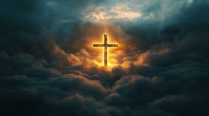 Fototapeta premium Illuminated holy cross shining through dark stormy clouds