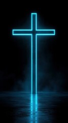 Naklejka premium Glowing blue neon cross illuminating dark space with reflections