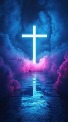 Illuminated holy cross surrounded by vibrant colorful clouds