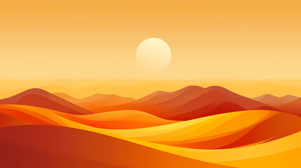 Sand dunes in a desert landscape at sunset, showcasing the golden and orange hues of the sahara, surrounded by dry hills and an expansive sky. Amber Dunes. Illustration