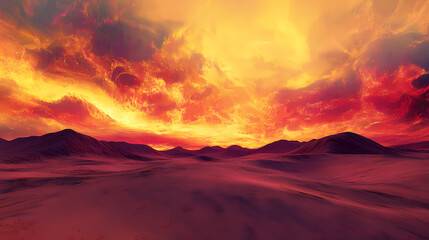 Skies of golden amber and fiery pink highlight desert silhouettes., generative ai. Amber Dunes. Illustration