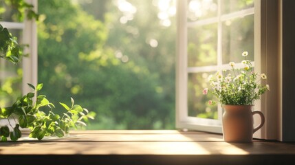 Fototapeta premium Sunlit window with daisies in a pot, green plants, and blurred garden background.