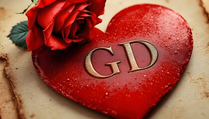 Close-up digital painting of red heart with 'GD' and a rose, symbolizing romance and personalized affection, perfect for Valentineâ€™s or wedding themes