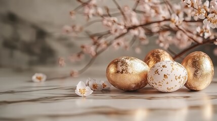Obraz premium Elegant golden easter eggs with cherry blossoms on marble surface for spring decoration
