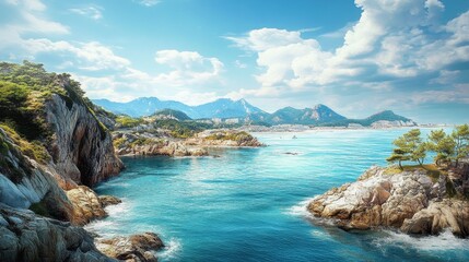 Scenic coastal landscape with rocky cliffs and turquoise waters under blue sky