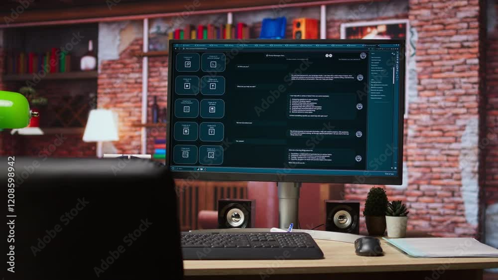 Poster ai llm chatbot on computer screen in home office designed to understand human language. artificial i