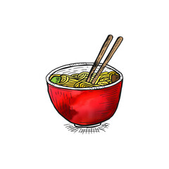 A bowl of ramen with chopsticks watercolor hand-drawn doodle cartoon.