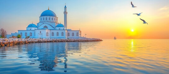 Naklejka premium Coastal Mosque Sunrise Reflection