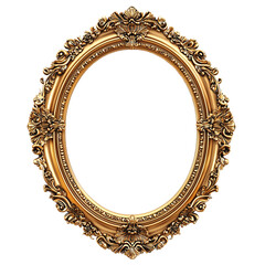 Antique oval gold picture frame with intricate decorative details perfect for vintage and classic themes isolated on transparent background, png