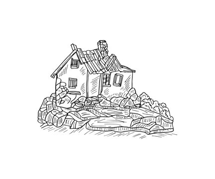 Hand-drawn, broken, damaged old house on top of rocks vector illustration.
