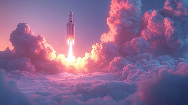 Minimalistic startup concept characters igniting abstract rockets soft pastel tones modern style