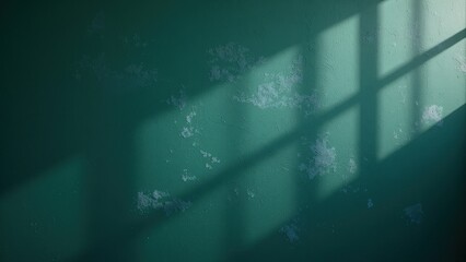 Obraz premium Close-up, eye-level view of a textured, dark teal wall beside a serene window. Sunlight filters through, casting gentle shadows and highlighting intricate textures