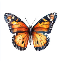 Fototapeta premium A Watercolor painting of monarch butterfly with vibrant orange and black wings, isolated white background, showcasing sharp