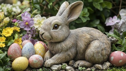 Charming easter bunny statue with colorful eggs in spring garden setting